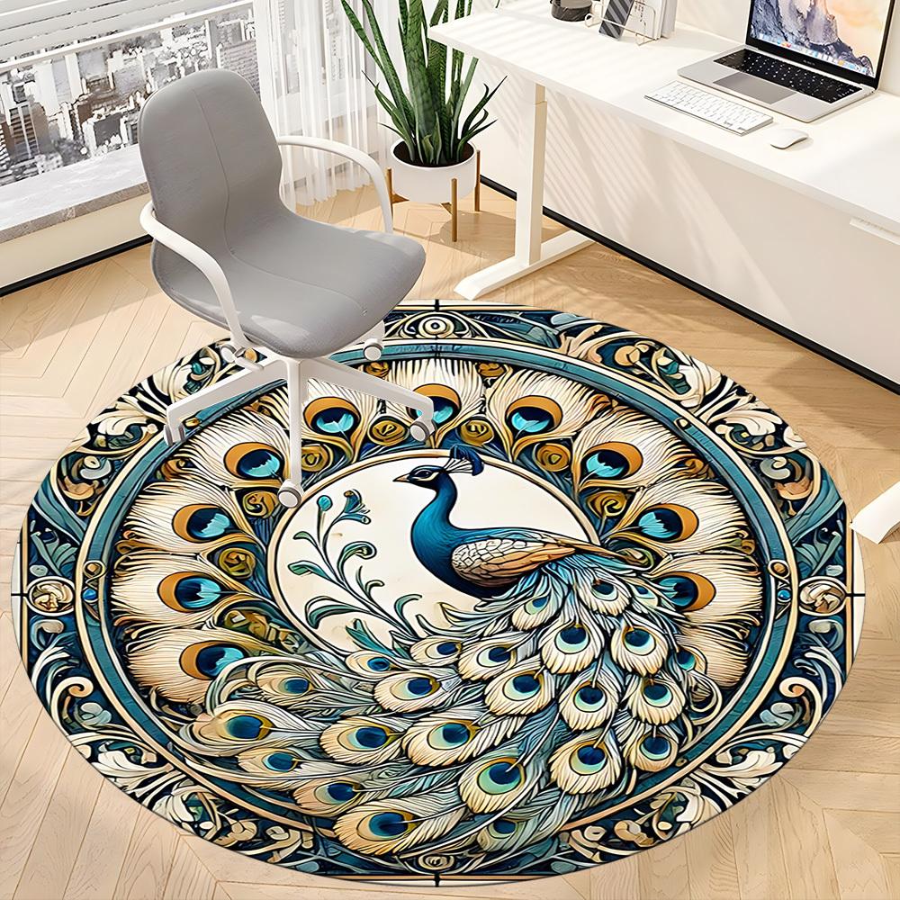 1pc Peacock Mandala Office Round Area Rug, Mat Suitable For Office, Under Office Chairs Bedroom Living Room Home Decor, Room Deco