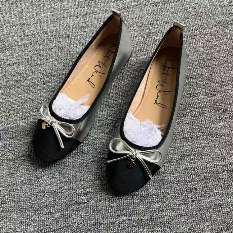Shallow Grandma Shoes Spring and Autumn New Small Fragrant Wind Bow Ballet Silver Flat Single Shoes Women