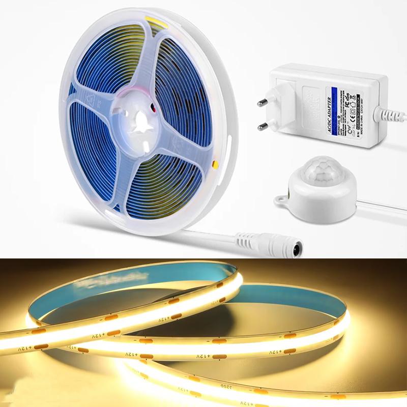 Super Bright COB LED Strip Light Smart PIR Motion Sensor 220V 110V To DC 12V Flexible Lamp Tape For Kitchen Wardrobe Decoration