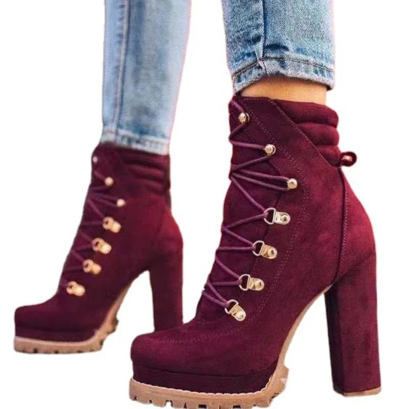 Fashion Women Platform Rivet Ankle Boots Female Retro High Heels Autumn Fashion Sexy Lace-Up Pumps Ladies Shoes Plus Size 35-43