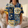 Damen Casual Kurzarm Waffelstrick Poloshirt Vintage Blumenprint Knopfleiste mit Kragen Oberteil Leichter Atmungsaktiver Stoff
