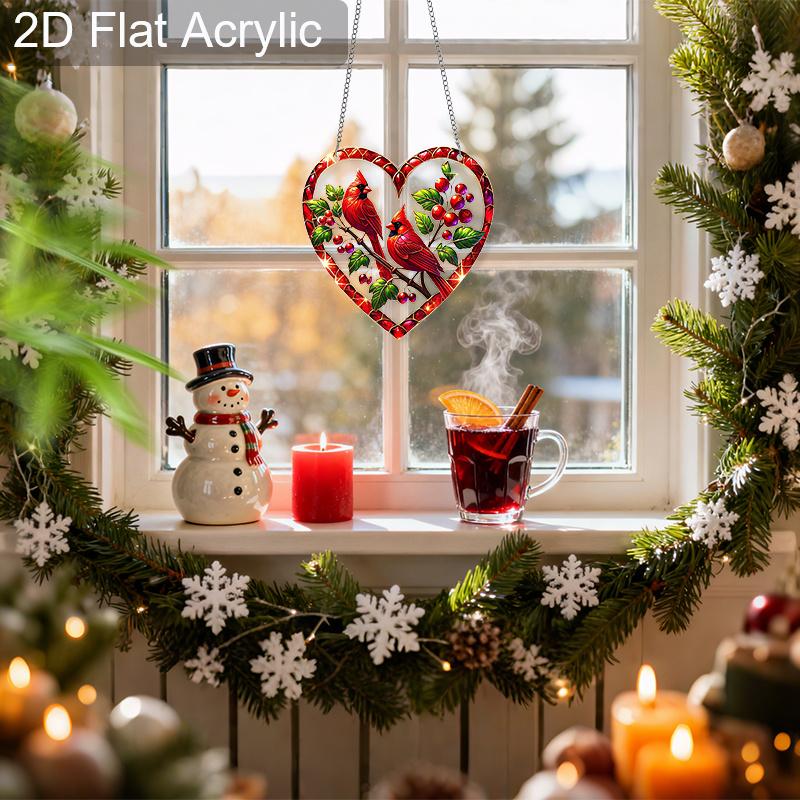 Acrylic Heart-Shaped Cardinal Birds Christmas Suncatcher Stained Glass Effect Window Hanging Ornament Bird Lover Holiday Gifts