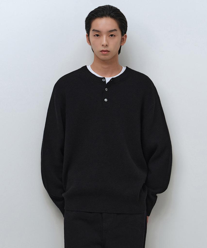 Musinsa Standard [Victoria Wool] Maglia a coste minima con scollo Henley [Nero]