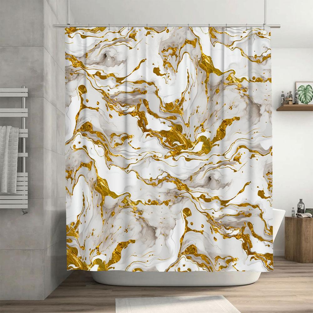 White Marble Shower Curtain With Gold Splashes Luxury Bath Decor For Home Bathroom Decoration Waterproof Fabric Shabby Chic