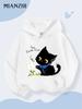 Kids Cute Black Cat Hoodie Cartoon Graphic Print Kawaii Pullover Sweatshirt Girls Boys Japanese Style Casual Streetwear Autumn