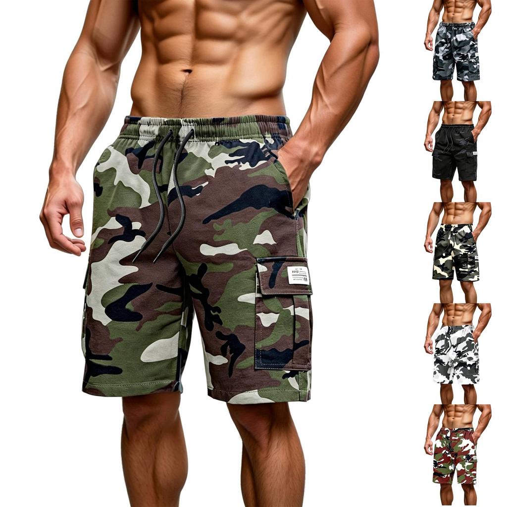 Herrshorts med dragsko i midjan, avslappnad passform, kamouflagemönster och flera fickor för dagliga utomhusaktiviteter