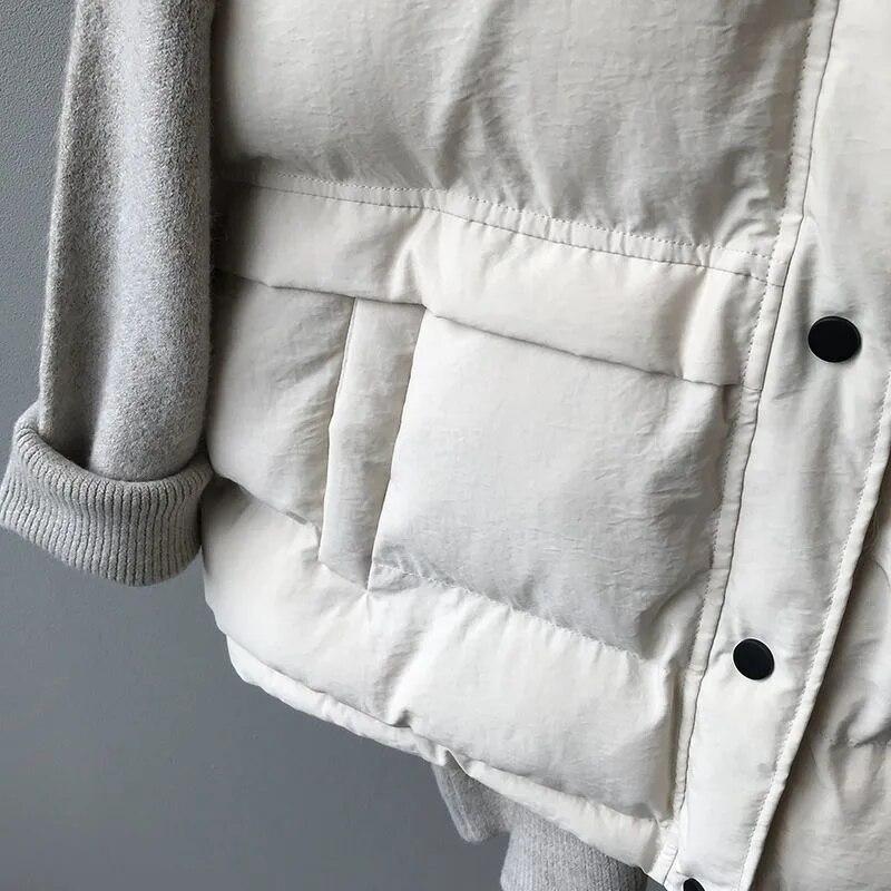 Off White Down Cotton Vest Women's Short Standing Collar Sleeveless Warm Coat Loose Solid Color Simple Casual Commuting Autumn Winter
