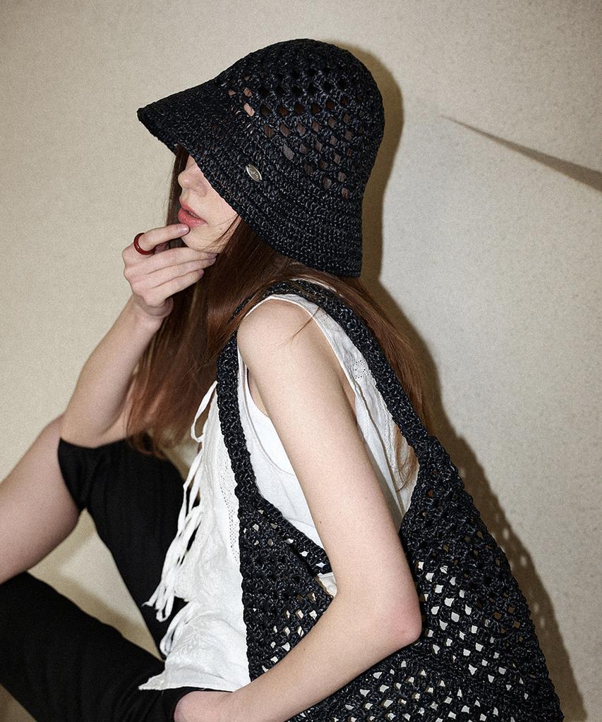 Seullouseulloulli Fruits Handmade Crochet Raffia Bucket Hat _ Black