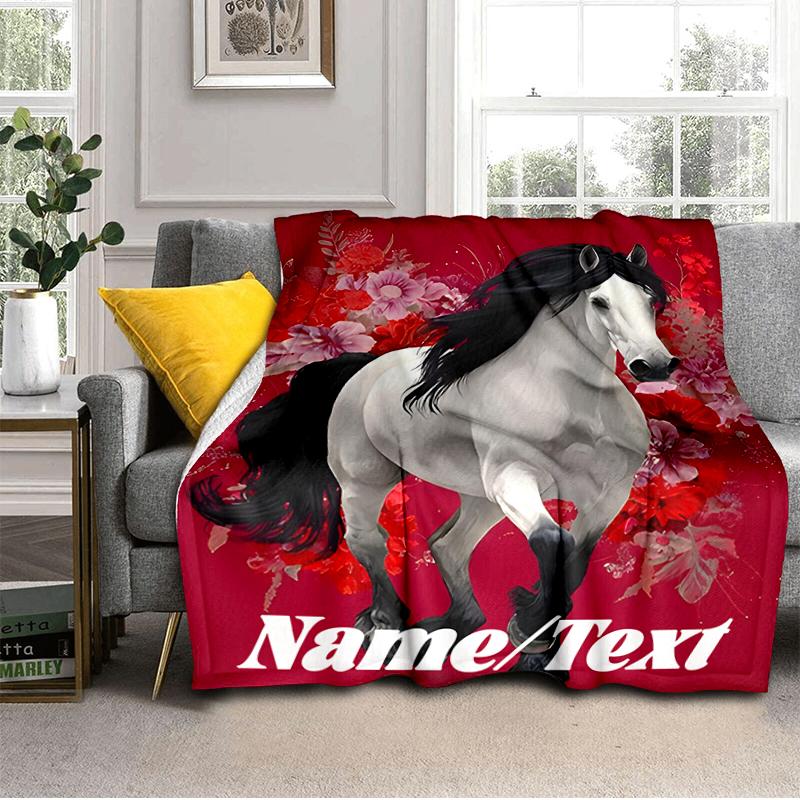 1PC Custom Name Horse Art Flowers Outdooor Flannel Blankets Throw Blanket All-Season Throw Gift Bedspread for Couch, Bed, Camping Holiday Birthday Gif