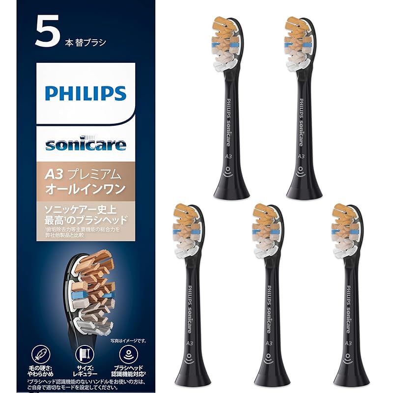 Philips Sonicare Premium All-in-One Brush Heads - Regular (5-Pack) - Genuine A3, Black, for HX9095/96