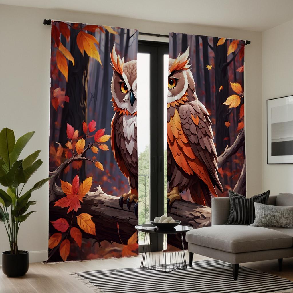 2pcs Set HD Jungle Vintage Owl Curtain Red Tie Digital Printed Curtain Home Decor Style Decorate Living Room Bedroom Wear Rod
