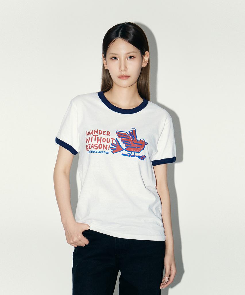 Laipeutaimkollegtibeu Ringer Bird Short Sleeve T-Shirt White Navy