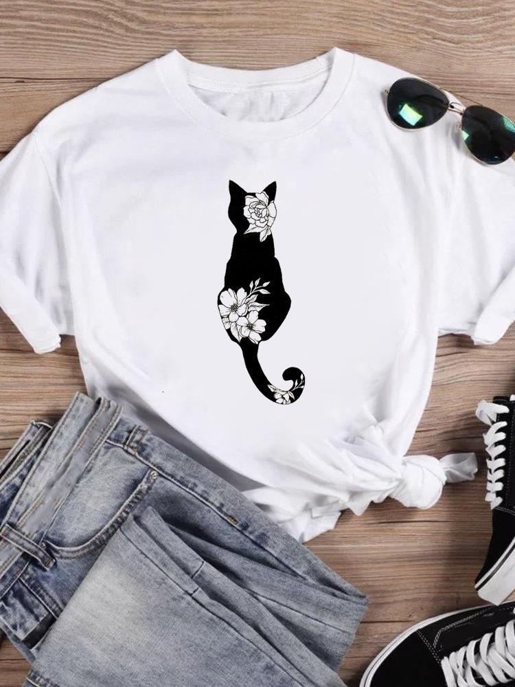Top a Maniche Corte T-shirt Donna Maglietta Stampa Estate Gatti Cartoni Animati Amore San Valentino Camicia Grafica Femminile Abbigliamento alla Moda