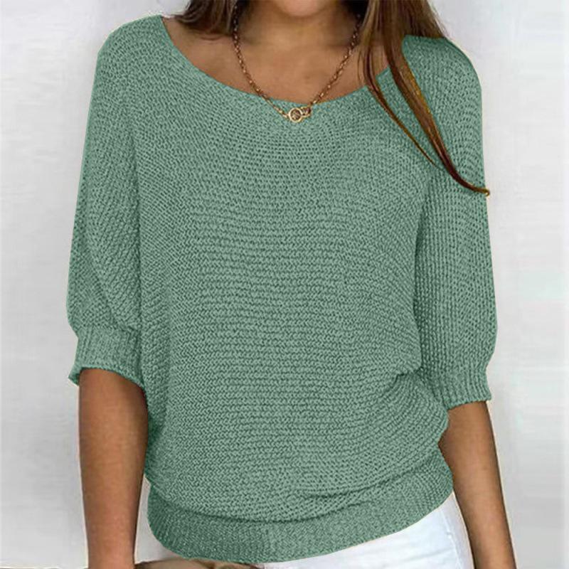Spring European & American Style Solid Color Round Neck Sweater - Women's Elegant Three-Quarter Sleeve Commuter Top