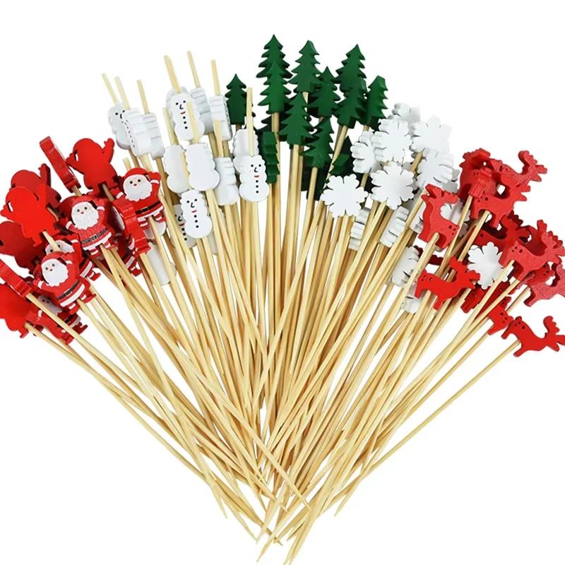 50/100 pièces Brochettes de Noël en bambou, pics à cocktail, décorations pour cupcakes, cure-dents jetables pour desserts et fruits, articles de fête