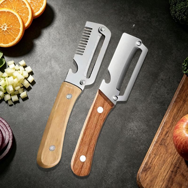 Éplucheur de cuisine domestique en acier inoxydable avec manche en bois pour peler et trancher fruits et légumes - Outil de cuisine