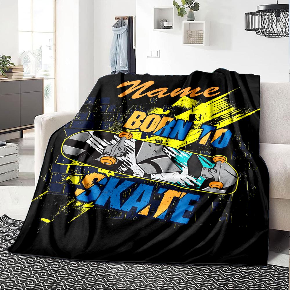 Custom Name Skateboard Theme Printed Blanket - Perfect for Couch, Bed, Travel & Outdoor Use | Machine Washable, Cozy & Durable.