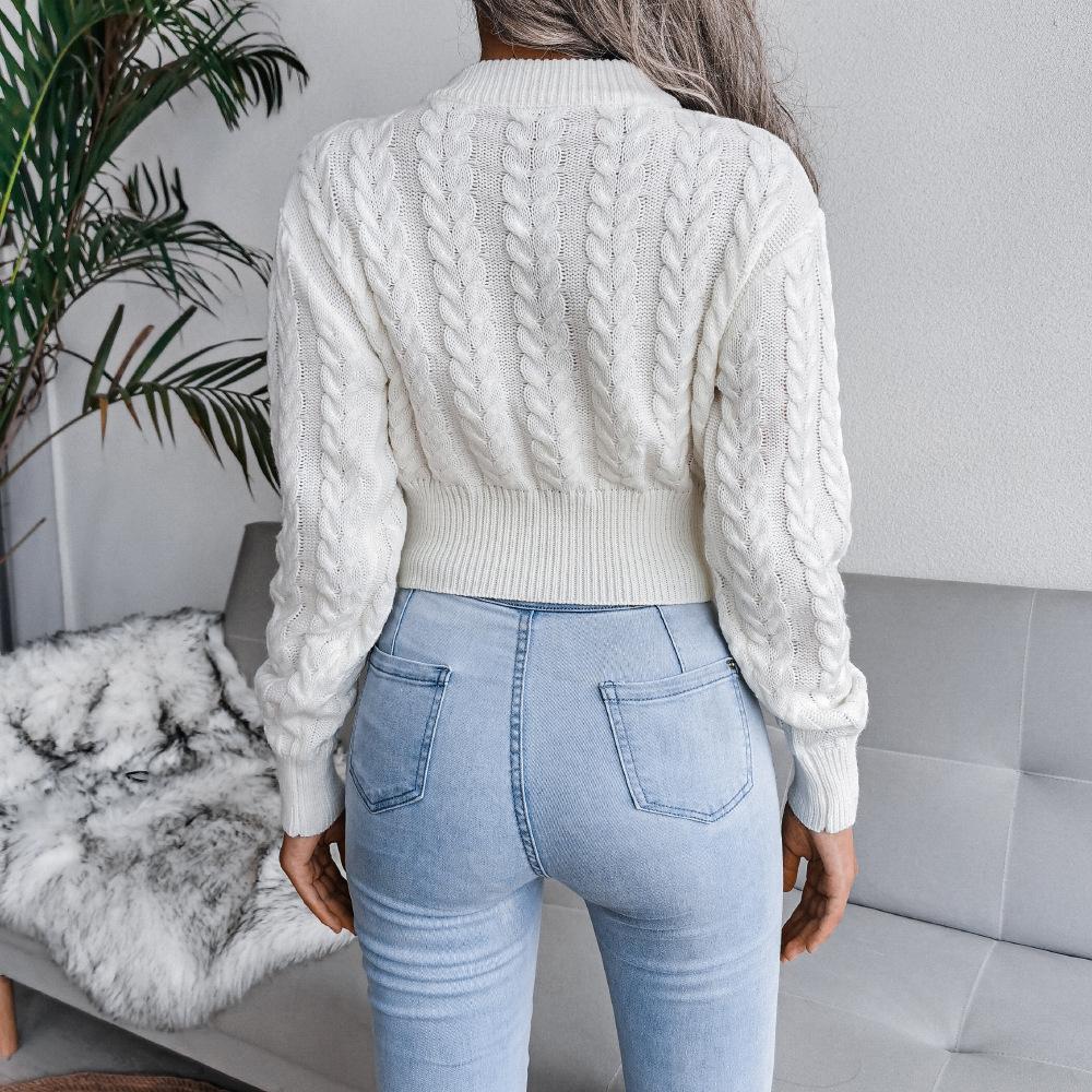 GMXIA Dames Mode Casual Effen Kleur Herfst Winter Lange Mouw Ronde Hals Slanke Gedraaide Taille Gebreide Crop Trui