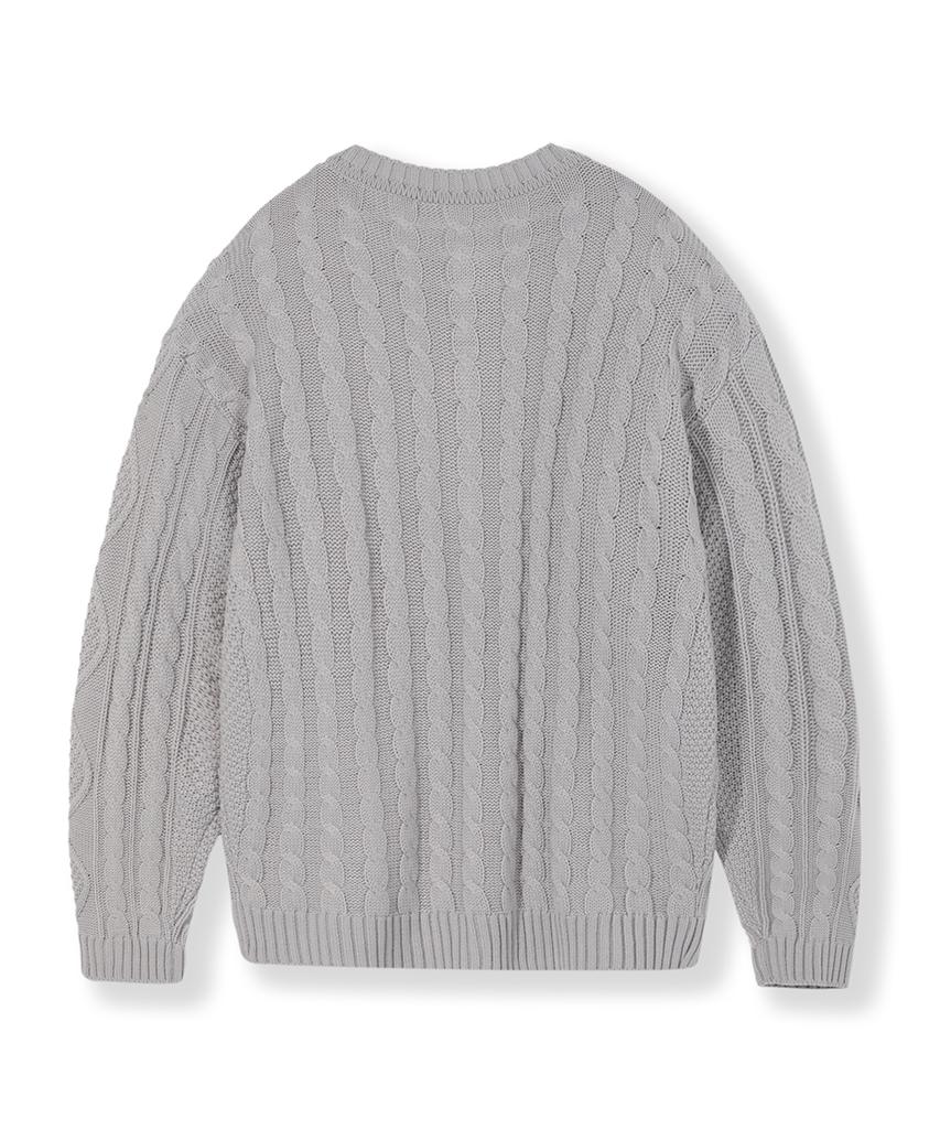 Nodu Fisherman Cable Round Neck Semi-Oversized Long Sleeve Knit Cable Knit Cardigan [Gray]