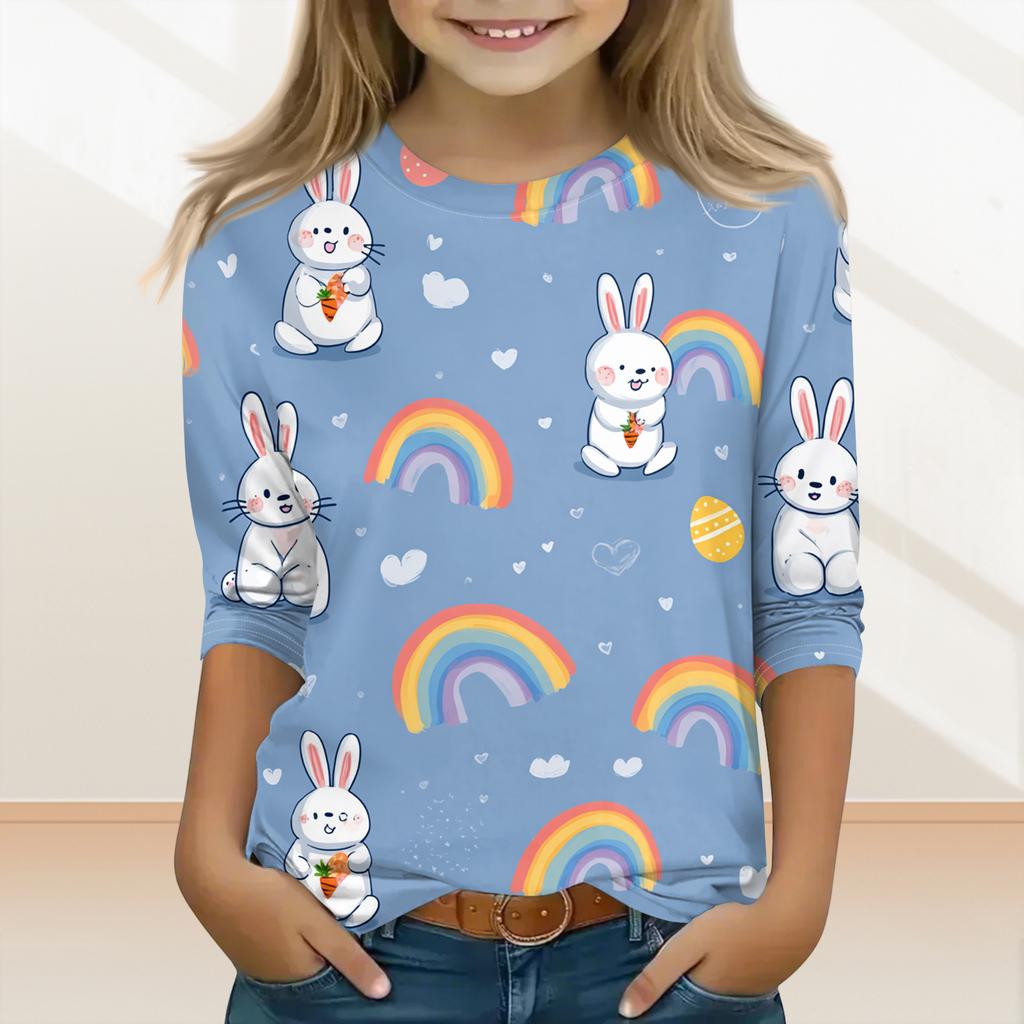 Children's Three-quarter Sleeve Round Neck Top With Easter Print, Casual Everyday Top
