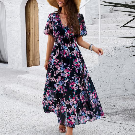 Women's Boho Summer Maxi Dress Deep V-Neck Ruffled Short Sleeve Chiffon Beach Sundress Casual Floral Print Long Dresses