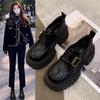 Černé loafers na platformě dámské 2025 nová podzimní univerzální se sukní jk retro britský styl malé kožené boty dámské