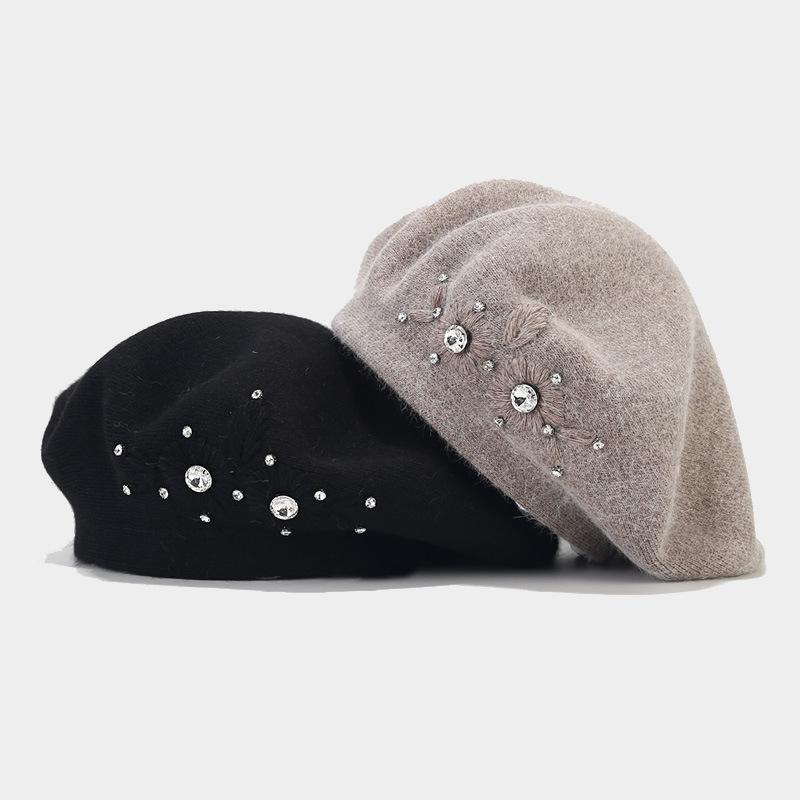 Luxury Elegant Wool Beret for Women Rhinestone French Beret Hat Winter Warm Fuzzy Angora Beret Artist Hat Custom Logo