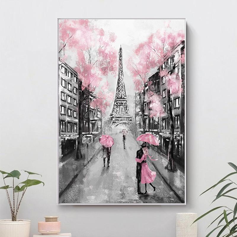 Pink Romantic City Couple Paris Eiffel Tower Posters Prints Landscape Canvas Painting Wall Art Pictures Living Room Home Decor