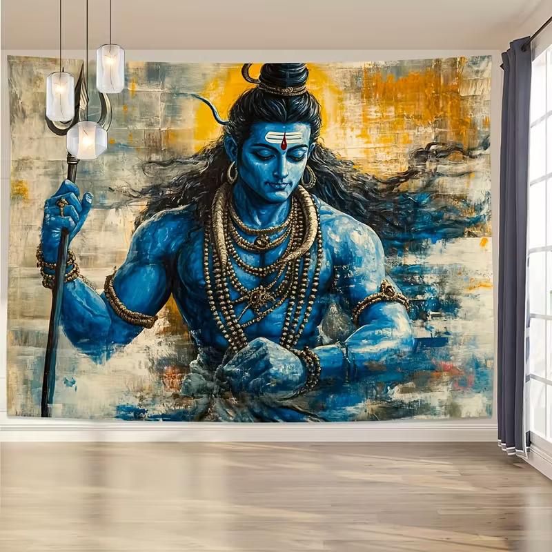 2D Abstrakte Hindu-Gottheit Shiva Wandteppich Trishul Gemälde Wandbehang