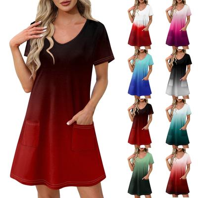 Ladies' Casual And Fashionable V-neck Short Sleeve Printing Mid Length Dress