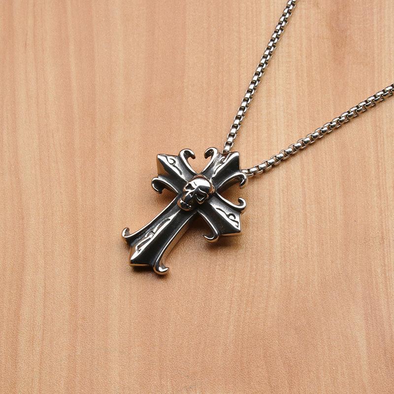 Titanium Steel Gothic Retro Cross Ghost Head Men's Pendant Necklace Fashion Punk Jewelry