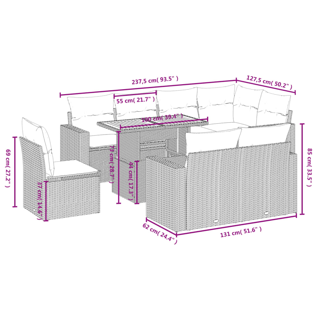 Vidaxl 9-Cz. Garden Furniture Set With Cushions, Grey, Poly Rattan