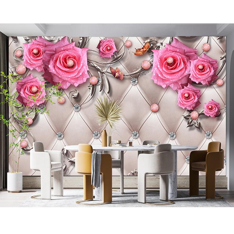 Europese Bloemen 3d Muurschildering Modern Sieraden Roze Roos Bloem Muurschildering Woonkamer Slaapkamer Huisdecoratie