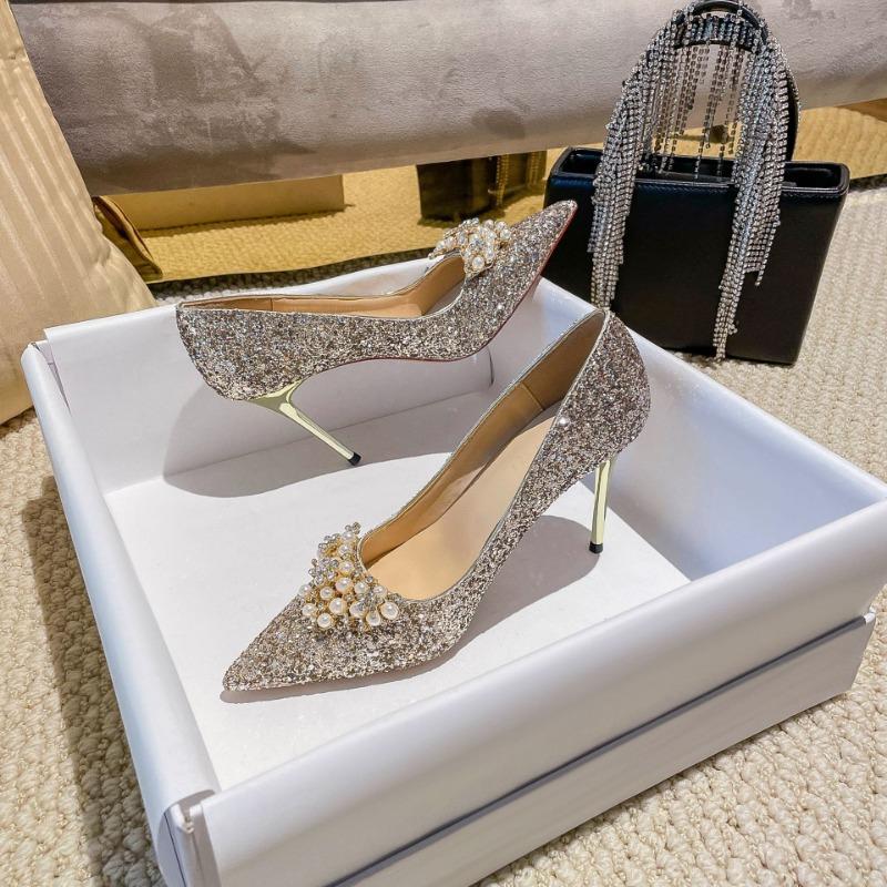 Scarpe da sposa dorate autunno nuovo punta appuntita scollatura bassa tacco sottile perla Xiuhe banchetto sposa tacchi alti