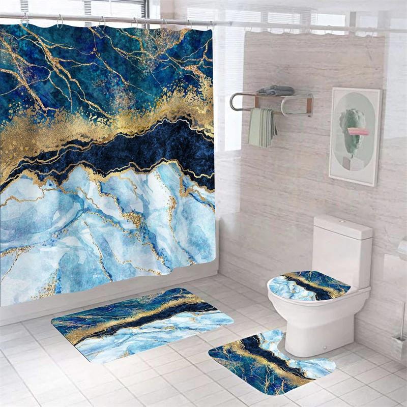 Luxe 3D Marmer Douchegordijn Set Polyester Stof Waterdicht Badkamer Gordijnen Moderne Stijl Print Badkamer Toilet Deksel Mat