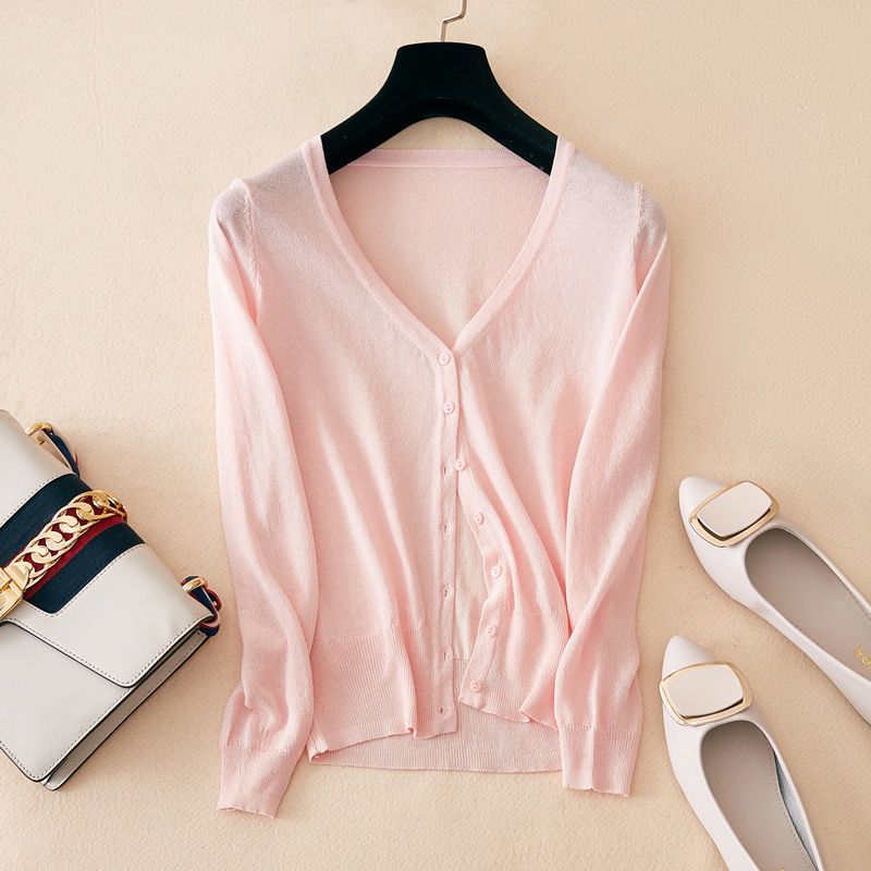 Ice Silk Thin Knitted Women's Cardigan Spring Summer Korean Style V-Neck Loose All-Matching Single-breasted Sunscreen Outerwear