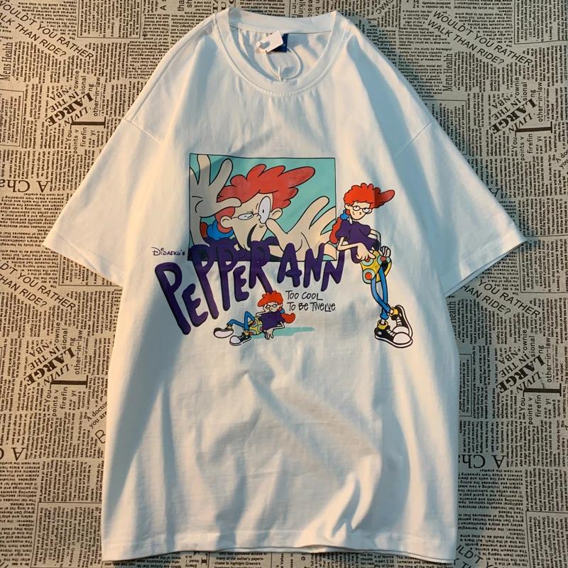 Original American Street Funny Cartoon Print Versatile Short Tee Cotton Loose Casual Couple Short Sleeved T-shirt Men Women