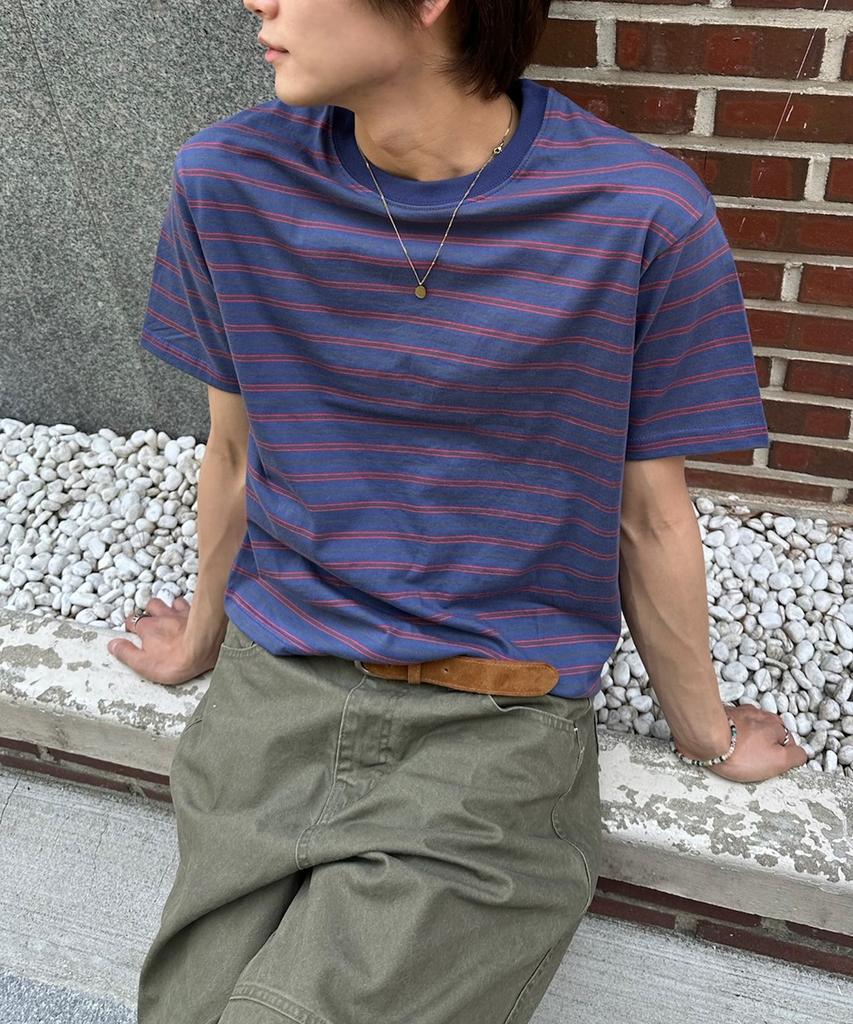 BASEMOMENT Striped Border Crop T-Shirt Blue
