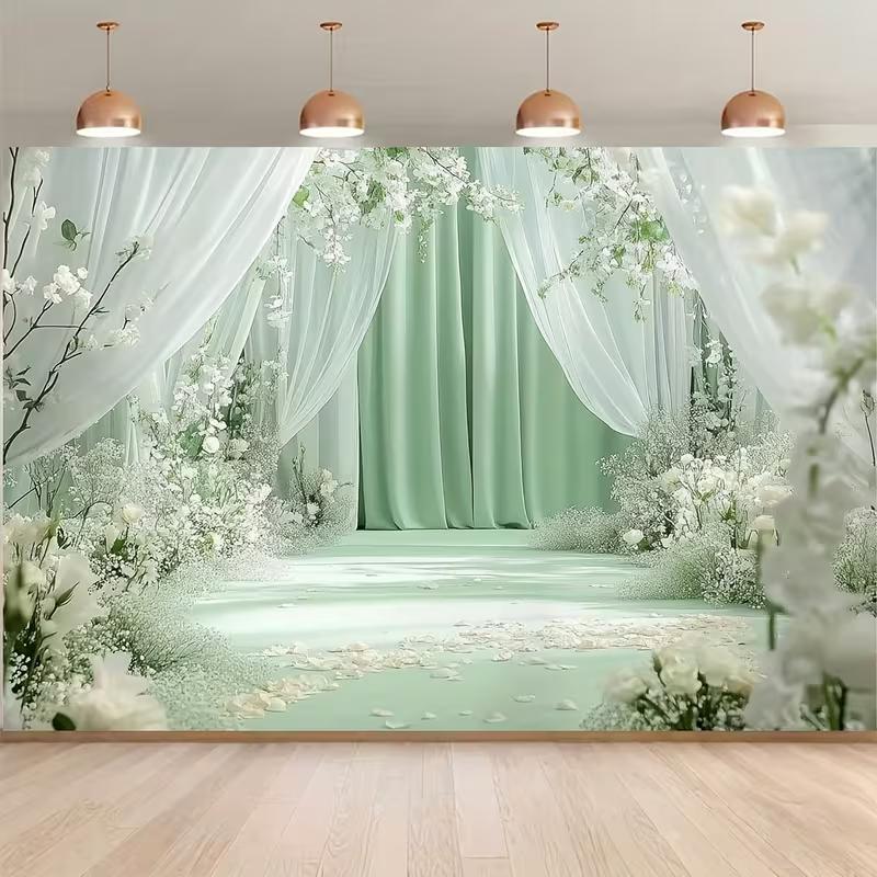 Fundal cort verde salvie 2D cu flori albe pentru fotografie de nuntă
