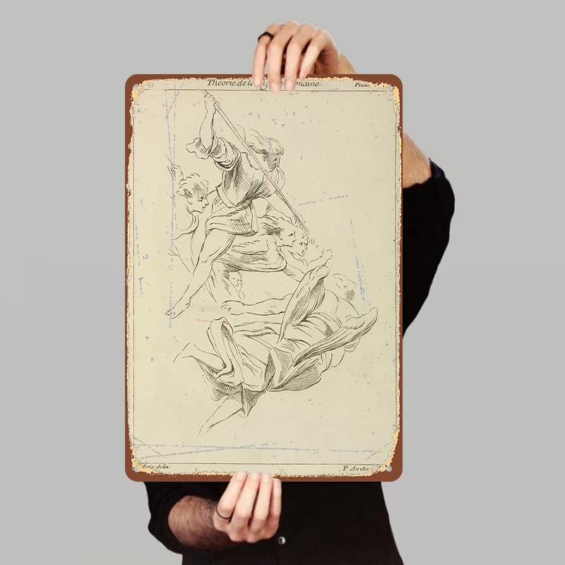 Vintage European Mythological Figure Line Sketch Metal Iron Painting Living Room Study Decorative Mural