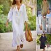 Spring Autumn Dress Button-down Three-quarter Sleeves Loose Maxi Dress Pure Color V