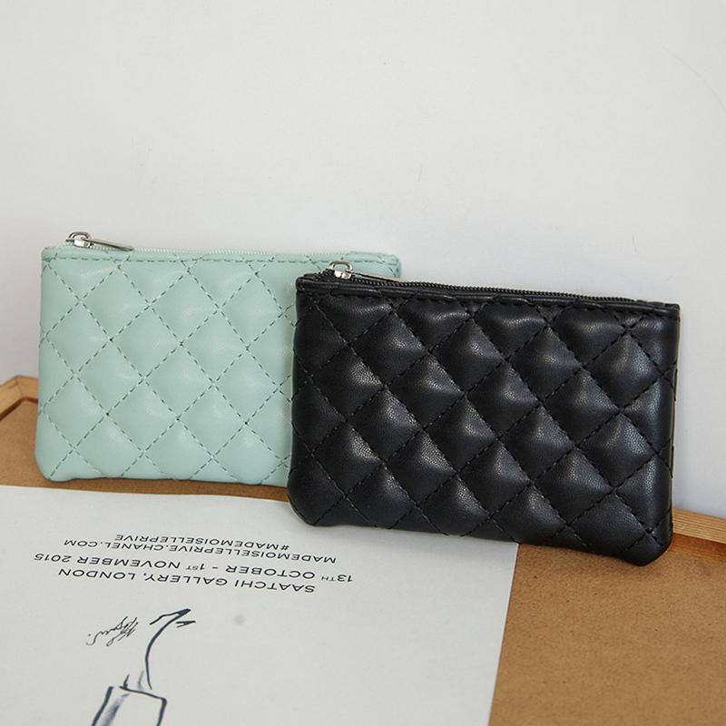 Women Coin Purse Solid Color Faux Leather Rhombus Texture Zipper Closure Blong Shape Large Capacity Portable Lightweight Firm Stitching