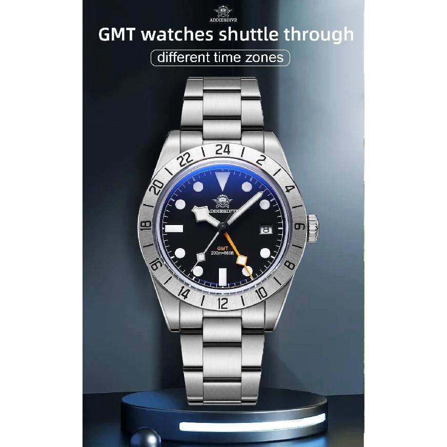 ADDIESDIVE Hot Sale GMT Quartz Watch Stainless Steel Bubble Mirror Glass BGW9 Super Luminous Men's Watches AD2035 NEW Waterproof