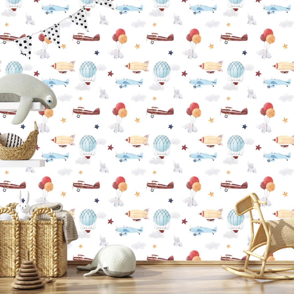 Wallpaper Animals planes balloons clouds for living room and bedroom 50x1000
