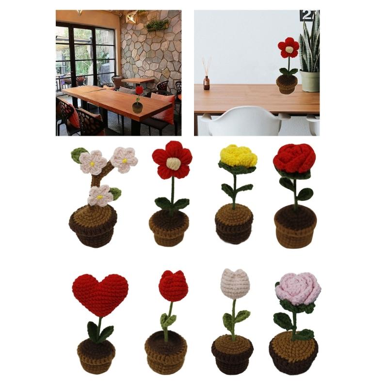 Virkat Hjärta Formad Blomma i Kruka Stickad Ull Mini Blomma Krukväxt Romantiskt Prydnad för Alla Hjärtans Dag Gåva