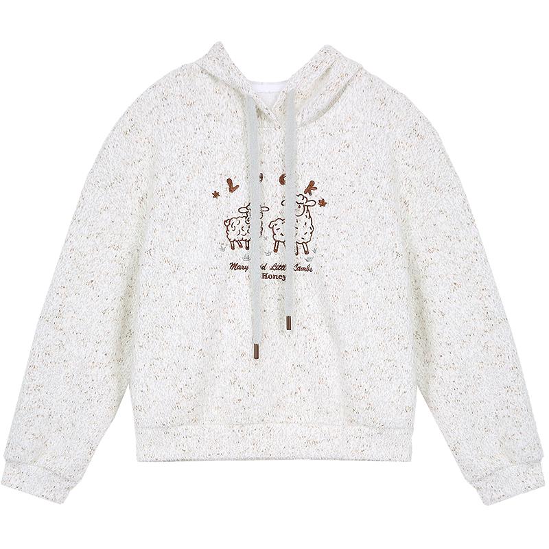 Betu Women's Plush Sheep Embroidered Hooded Sweatshirt