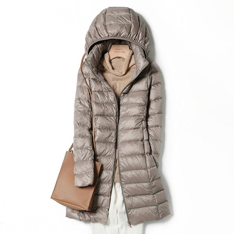Frauen Herbst Winter Stehkragen Kapuze Einfarbig Reißverschluss Lange Weiße Ente Daunenjacke M-5XL