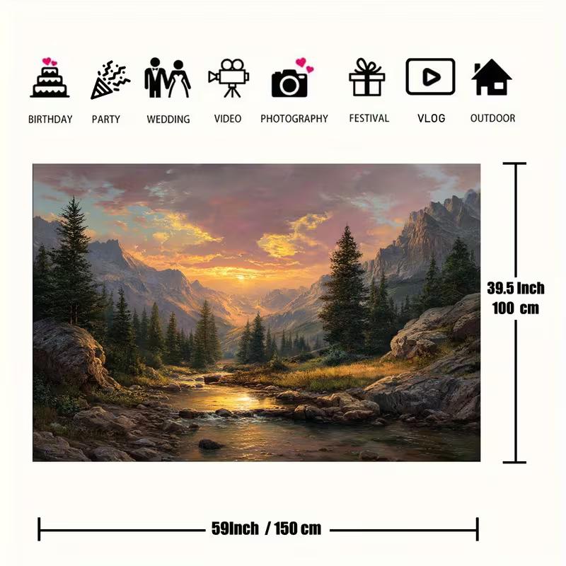 2D Forest Mountain Backdrop, Sunset River Nature Landscape Photography Background