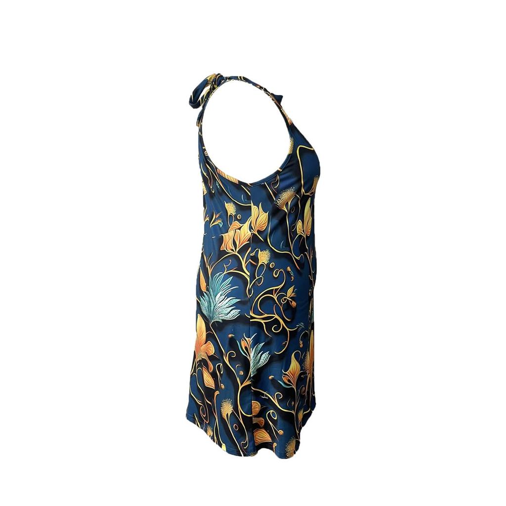 Robe courte élégante imprimée sans manches à col rond pour femme