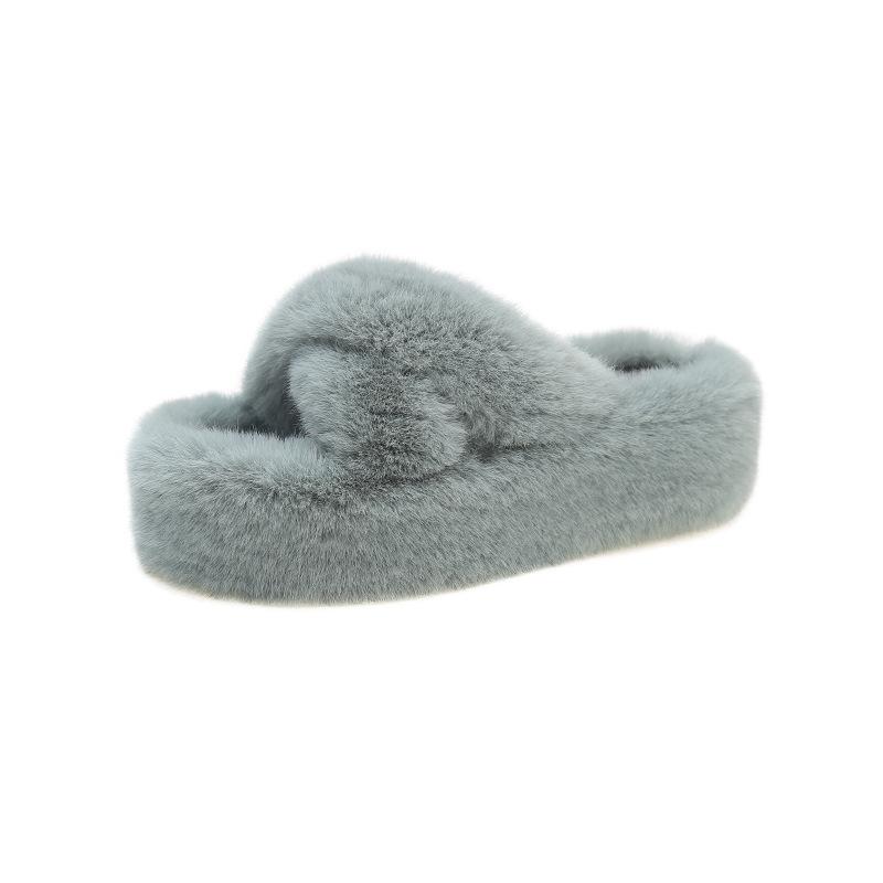 Foreign Trade Large Size Fluffy Slippers Women's 2025 Autumn and Winter New Home Wear Outer Wear Inner Velvet Thick Bottom Cross Fluffy Drag